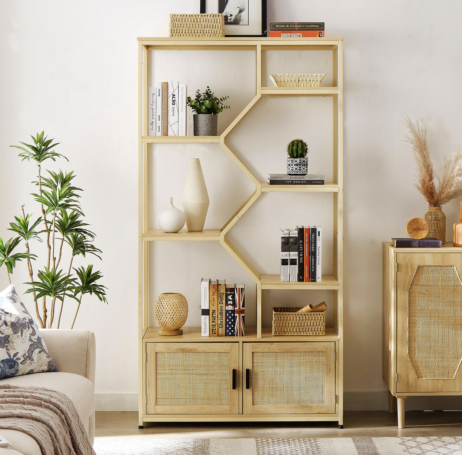 Bay Isle Home™ Dessens Rattan Bookshelf 7 tiers Bookcases Storage Rack