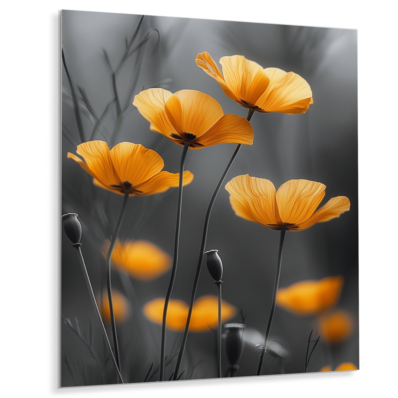 «Yellow Poppies», reproduction d'art murale jaune et gris, Métal métal, H 32 po x l 16 po x P 1 po