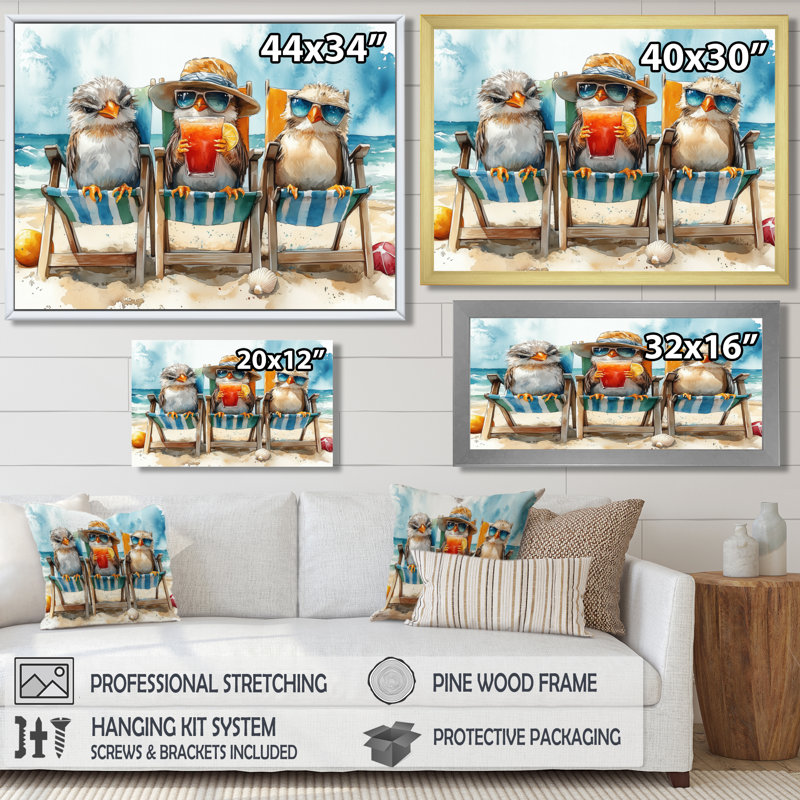 Canaries On The Beach Lounging Chair - Coastal Animal Wall Art Print, White Single Picture Framed Canvas