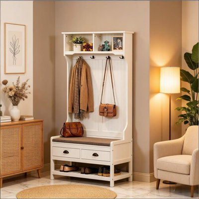 Haven Multifunctional Hall Tree with Bench and Shoe Storage, Coat Rack and Drawers