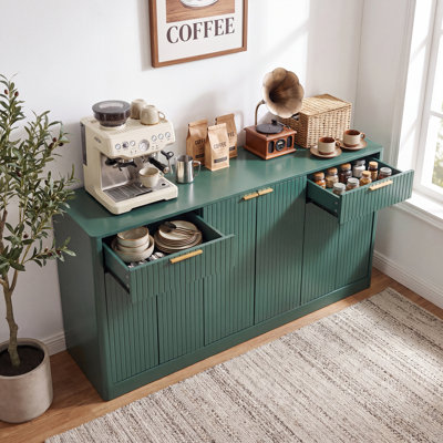 Buffet cannelé de 170 cm, meuble de rangement moderne à 6 portes et 2 tiroirs, grand buffet pour salle à manger, salon ou entrée, vert foncé