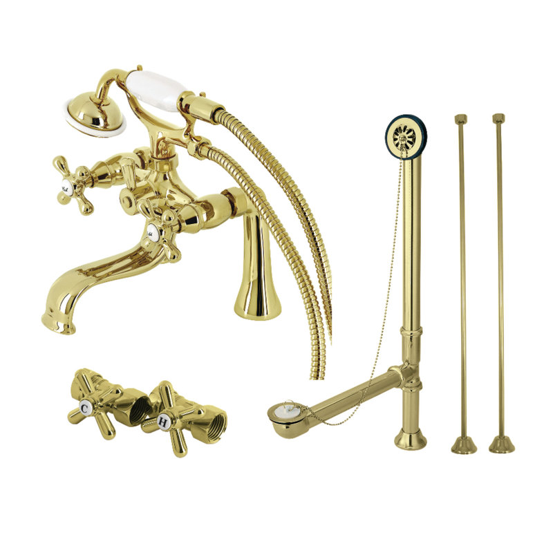 Kingston Brass Vintage Three-Handle 2-Hole Deck Mount Clawfoot Tub Faucet Package with Supply Line, Hand Shower and Tub Drain