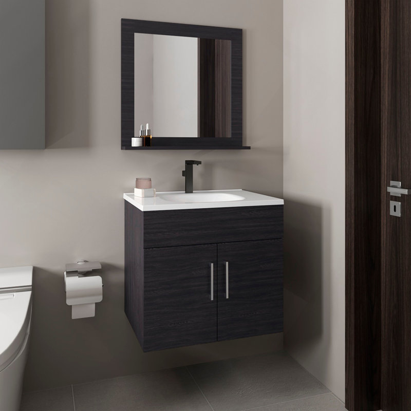Ensemble de salle de bain, lavabo et miroir, 2 portes, 1 tablette, 1 miroir, blanc, Noir