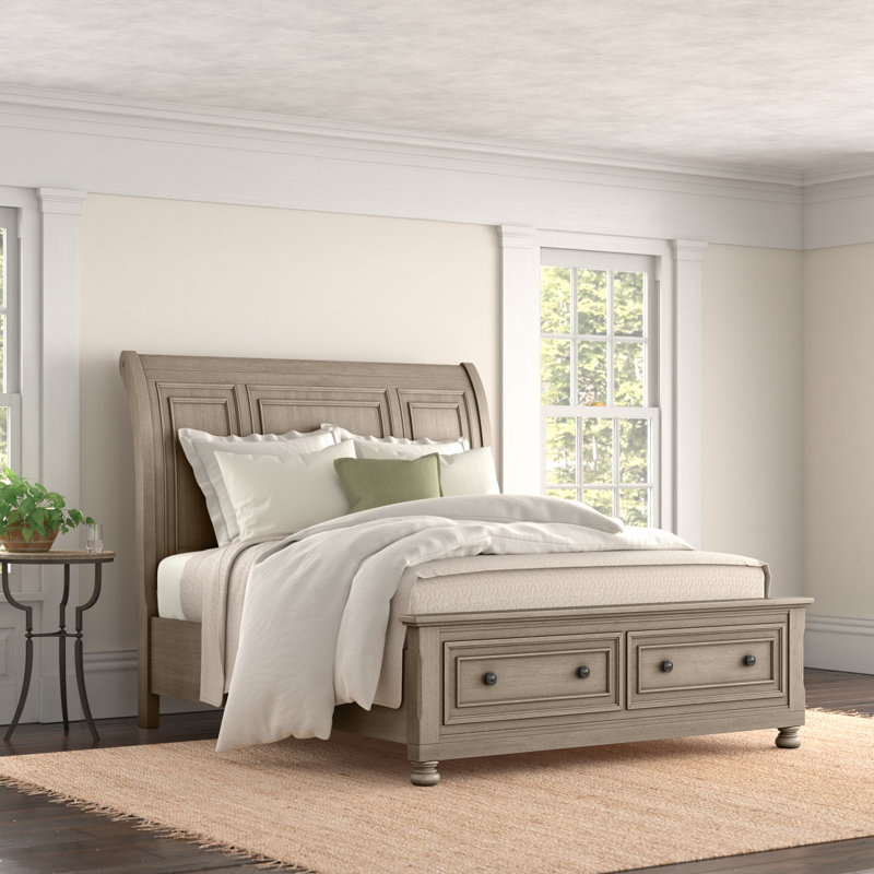 Alek Transitional Storage Platform Bed with Dovetail Footboard Drawers, Queen, Wire Brushed Gray