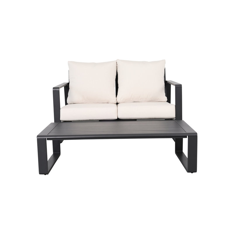 Double avec coussins blanc laiteux no. 5453 et table basse rectangulaire. Aluminium conçu pour une utilisation durable. Articles de table spacieux et durables. Surface divers articles. Rehausser
