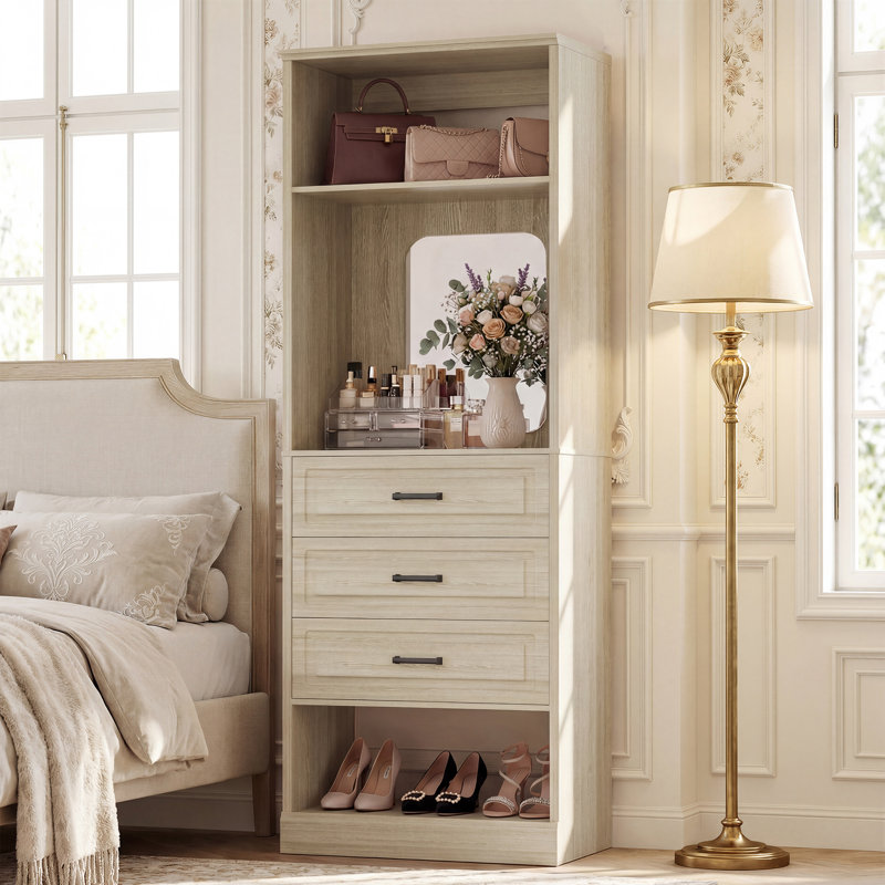 Closet System With 3 Drawers, Mirror & Anti-Tip Design, Washed Oak