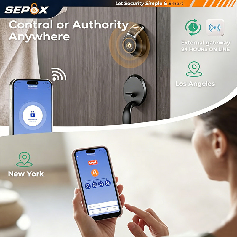 Serrure à pêne dormant intelligent SEPOX® 4PC - entrée sans clé 5-en-1 (empreinte digitale, Bluetooth, Wi-Fi, application Tuya, clé) - Verrouillage / déverrouillage automatique, compatible avec les portes avant et chambre à coucher, levier et bouton