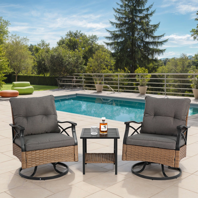 Ensemble de chaises berçantes pivotantes pour l'extérieur avec table, structure en acier robuste, rotation à 360 degrés, coussins confortables et osier durable