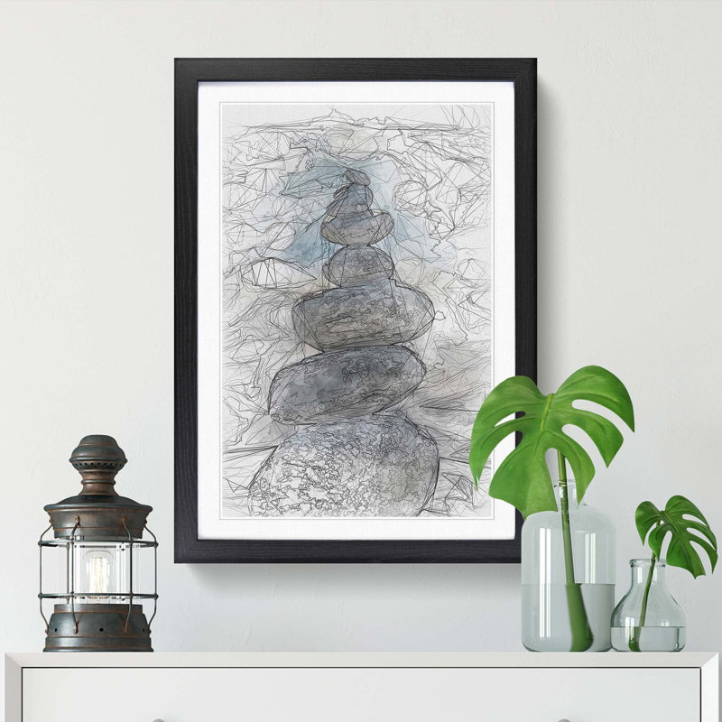 Stacked Zen Stones in Abstract - Framed Print, Black Framed, 87cm H x 62cm W x 2cm D