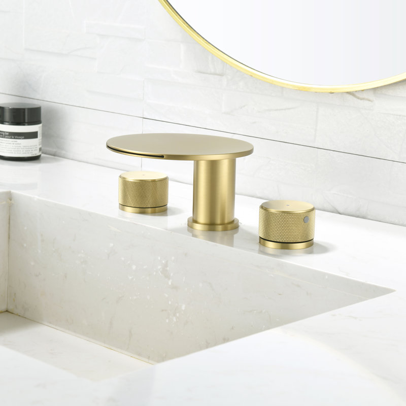 Solid Brass Widespread 2-handle Waterfall Bathroom Sink Faucet, Brushed Gold, No