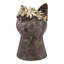 Statue de chat en magnésium avec fini brun texturé et couronne de feuilles d'or