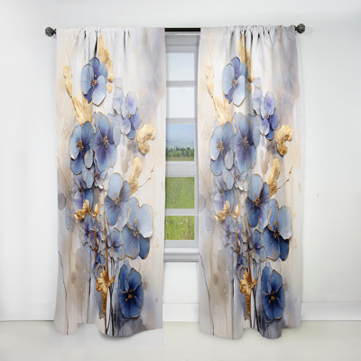 Yoselin Blue and Gold Minimalism Violets II - Traditional Curtain - Velvet Room Darkening - 1 Panel
