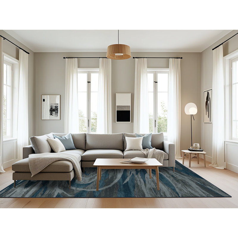 Tapis bleu abstrait lavable à la machine, Rectangle 6 pi x 9 pi