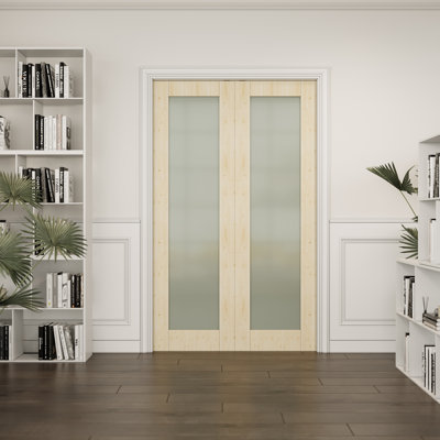 1-Lite Frosted Pocket Door Pine Solid Core Sliding Double Pocket Door For Bedroom With Hardware/Soft Close