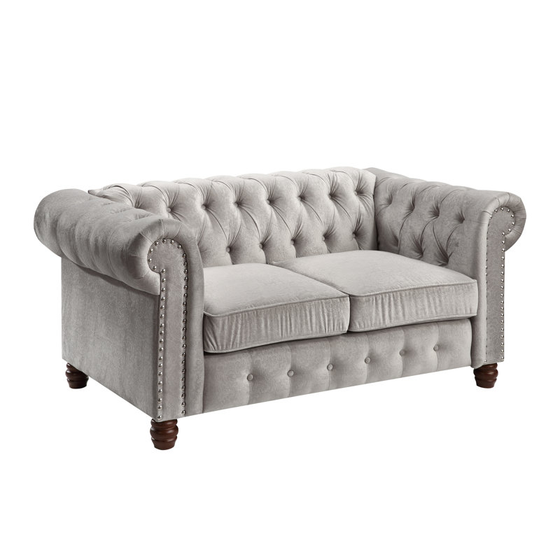 Causeuse Chesterfield en velours de style classique de 63,5 po avec garniture cloutée élégante, Velours gris velours