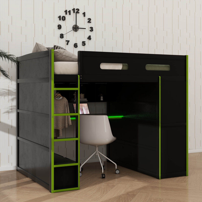 Full Size Wooden Loft Bed With Desk, Wardrobe, Ample Storage, And LED Illumination, Green