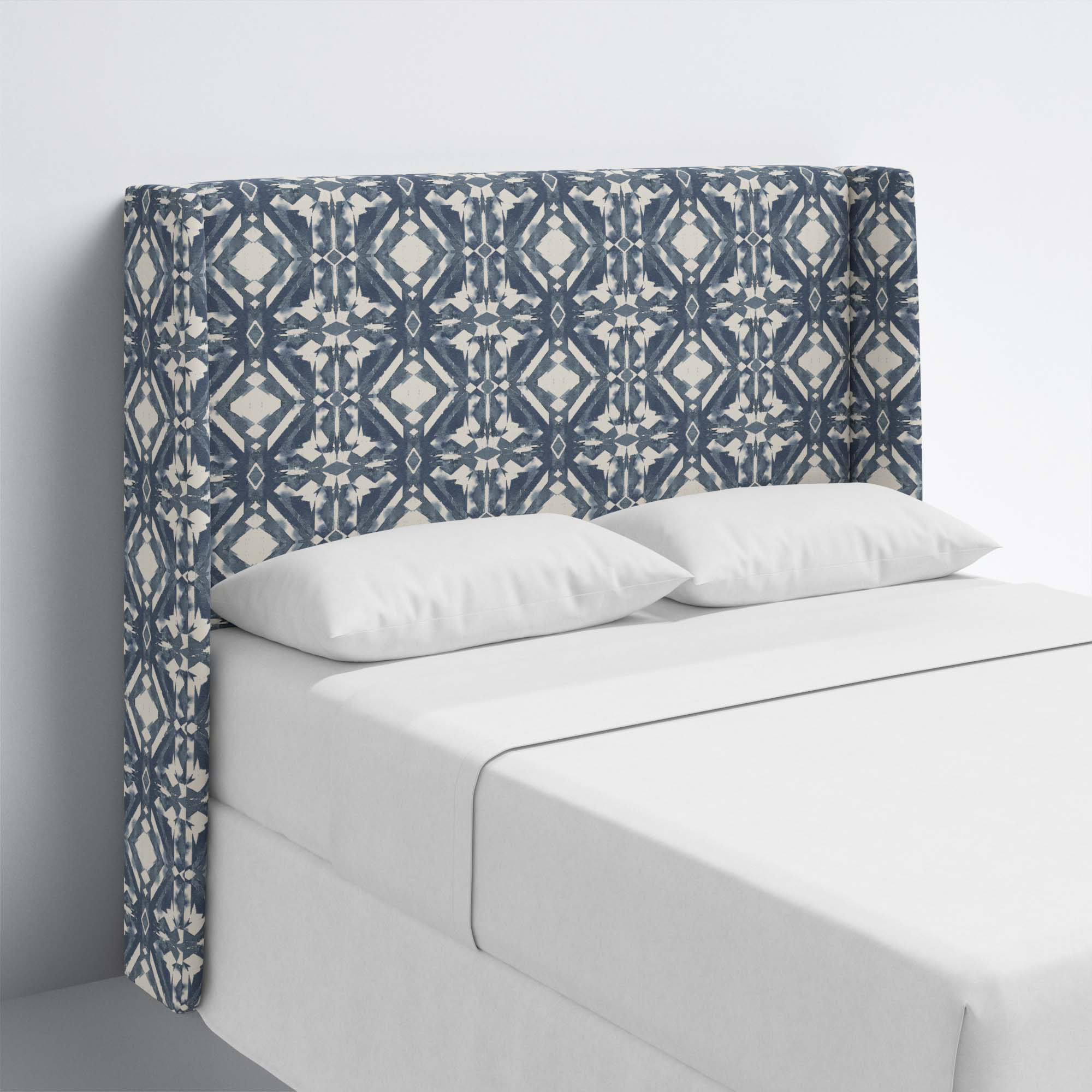 Tilly Upholstered Headboard, Full, Asha Blue Ikat