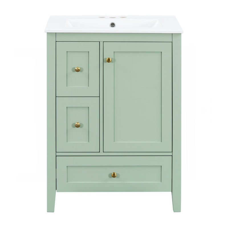 "Meuble-lavabo de 24 pouces avec rangement, tablette réglable, panneau de fibres à densité moyenne et bois d'hévéa, cloisons amovibles, finition verte"
