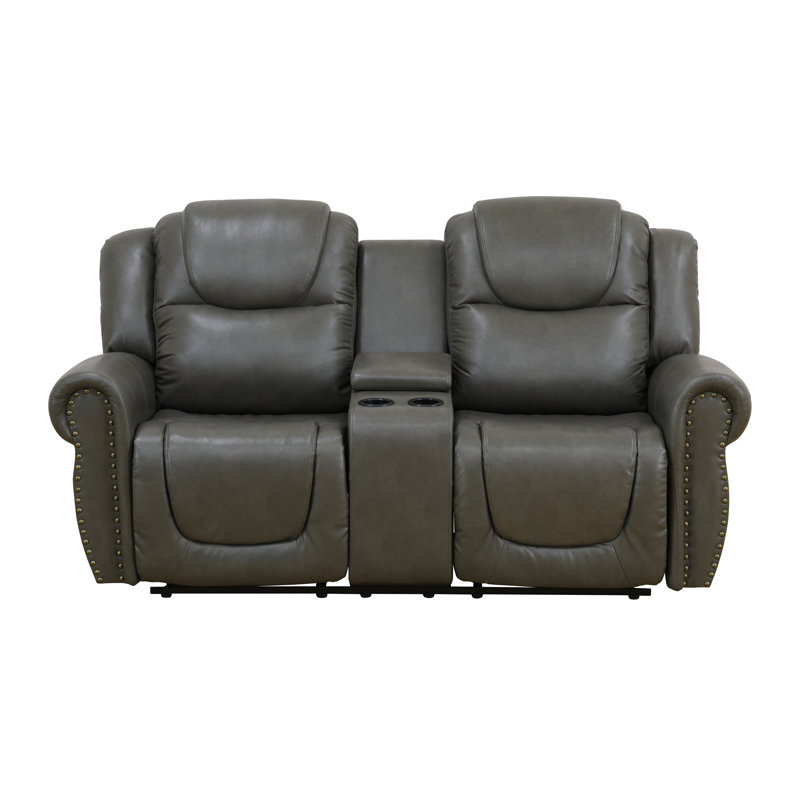 Causeuse de salon inclinable 78 po en cuir végétalien de qualité supérieure avec console centrale et porte-gobelets, Gris