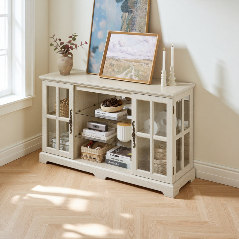 Armoire basse à 2 portes avec treillis latéral et poignées rétro, 2 tablettes réglables à 2 niveaux, armoire de rangement multifonctionnelle en verre pour la salle à manger