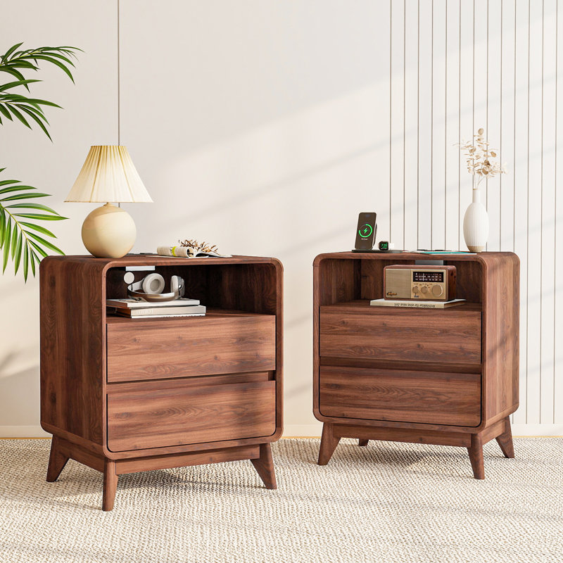 21.6'' Wide Nightstand With 2 Drawers And Open Shelf (Set Of 2), Walnut
