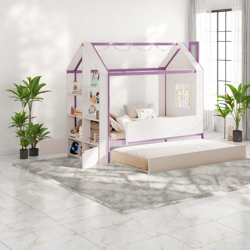 Lits jumeaux avec lit gigogne de rangement, bois de pin en MDF, chambre moderne blanche et violette, White 1