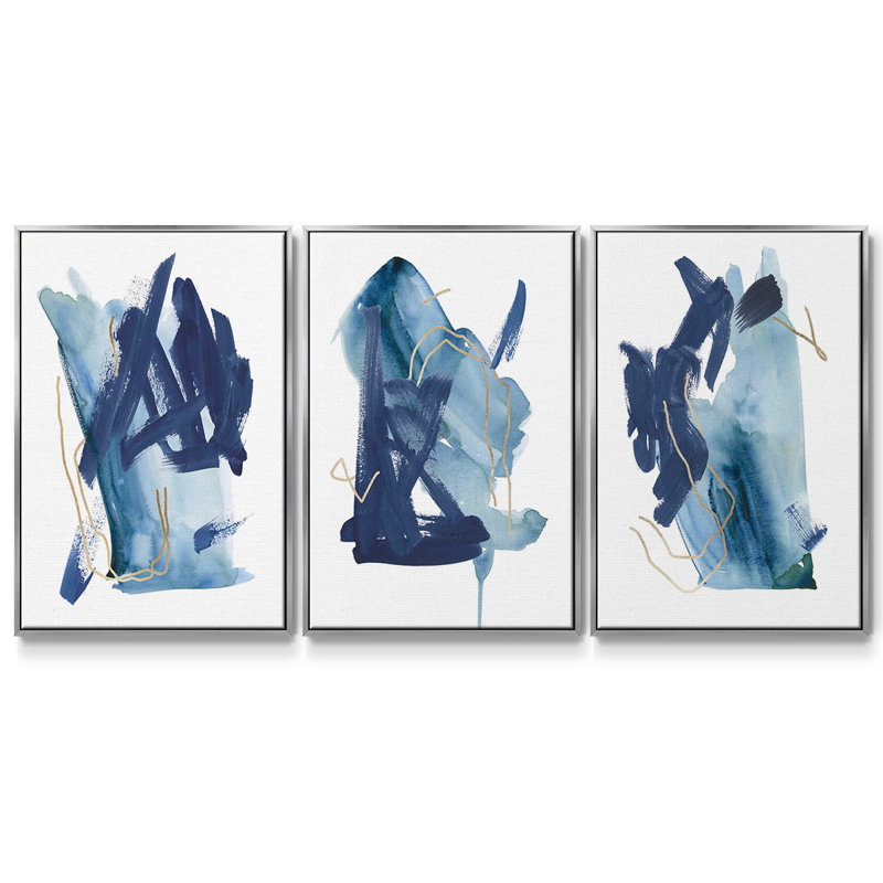 Indigo Collide I, ensemble de 3 toiles encadrées sur toile, Argent, H 27 po x l 54 po