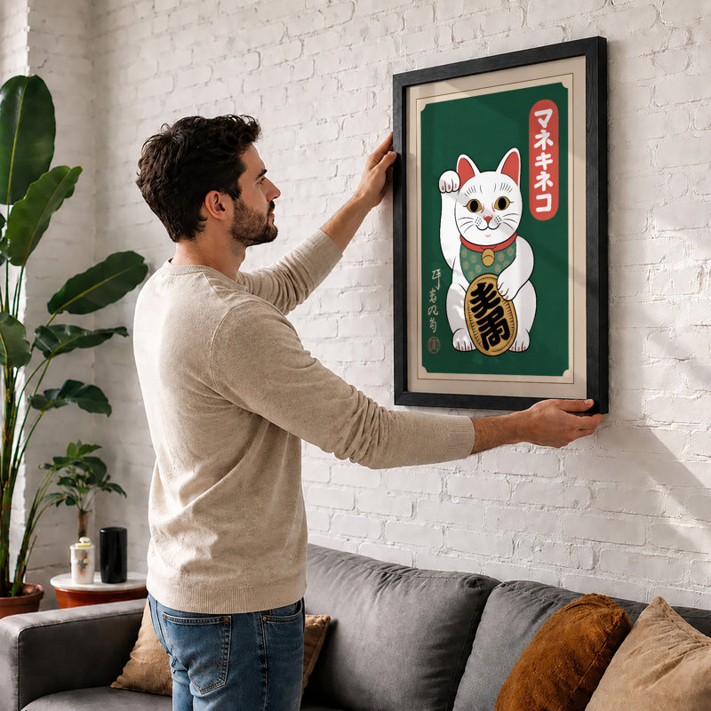 Lucky Cat Japandi - Framed Print, A4 - 29.7 x 21.0 cm, Oak