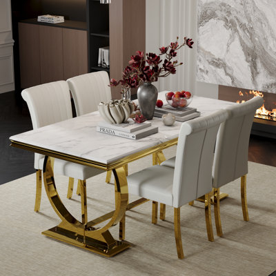 5 Piece Luxury White Faux Marble And Gold Dining Table Set With 4 White Leather Dining Chairs