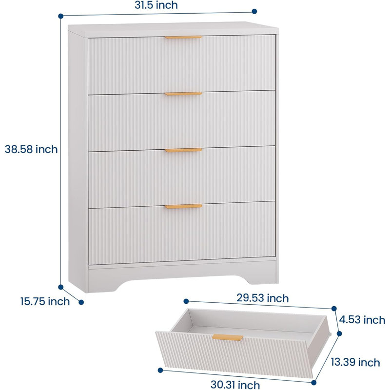 Commode 4 tiroirs pour chambre à coucher, commode moderne avec panneau ondulé en forme de vague, commode de rangement en bois pour le salon