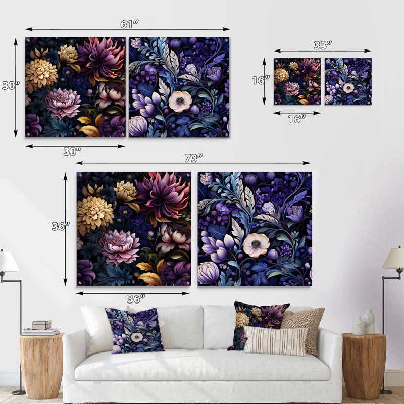 Deep Emerald mauve lotus enchante - ensemble de 2 art mural en verre acrylique, H 36 po x l 73 po