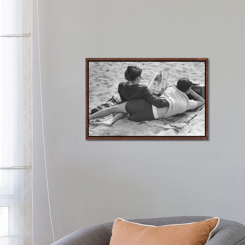 Couple On Beach (NYC, 1947) by Ruth Orkin - Print on Canvas, 66.04 cm H x 45.72 cm W, Classic Brown Wood Framed