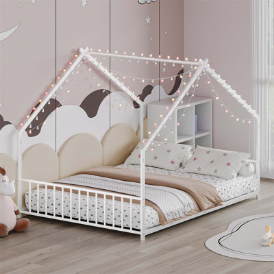 Structure de lit pour enfant pleine grandeur avec bandes lumineuses à DEL, structure en fer en forme de toit, sécuritaire et durable, idéale pour les chambres d'enfants