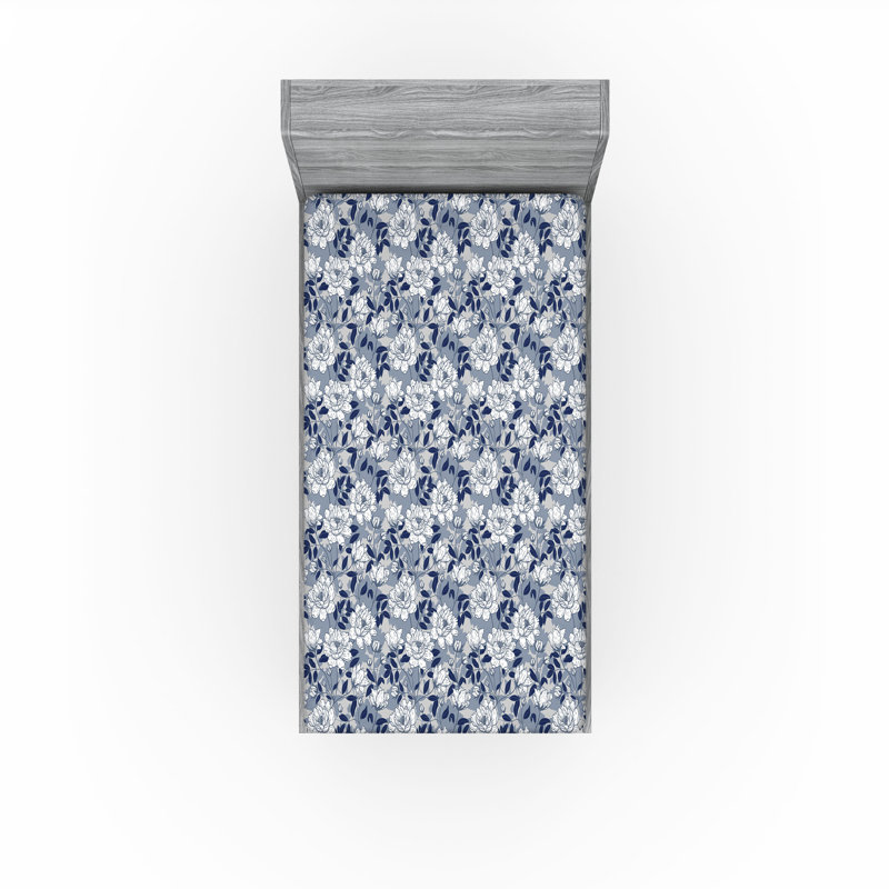 Drap-housse Ambesonne, Indigo, ivoire, bleu, gris / floral, Drap-housse simple TG