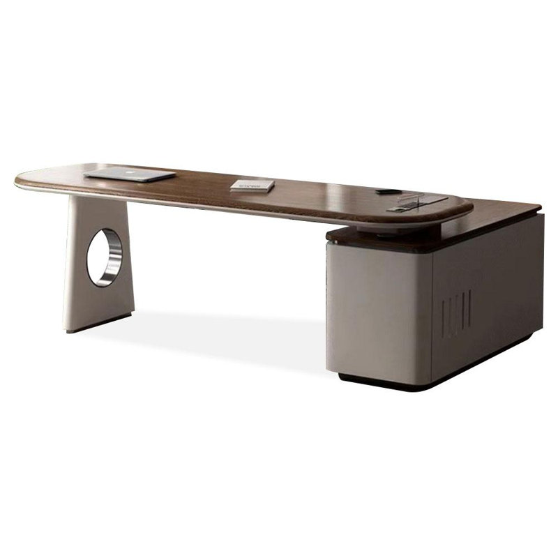 Nut-brown+Griege L-Shaped Manufactured Wood+Stainless Steel with 3 drawers desk, 29.53" H x 78.74" W x 59.06" D