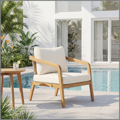 Fauteuil club d'extérieur en bois d'acacia avec dossier et coussins en osier PE - Fauteuil d'appoint moderne pour balcon, bord de piscine et véranda
