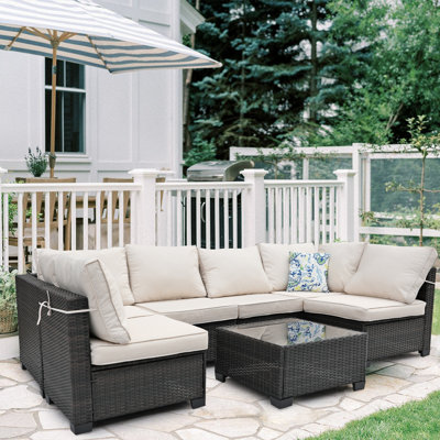Ensemble de canapé modulaire en osier de patio 7 pièces (café / beige), résistant aux intempéries et léger pour l'extérieur, balcon, jardin, bord de piscine, comprend des coussins anti-éclaboussures
