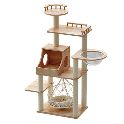 Minimalist Rubber Wood & Sisal Rope Cat Tree for Home Use