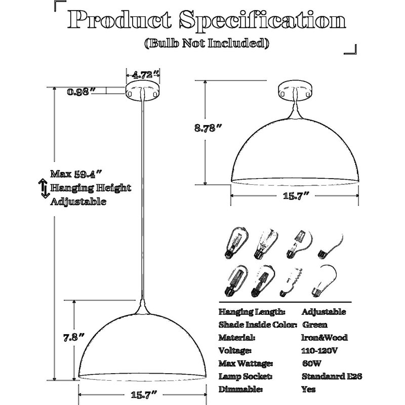 Luminaire suspendu de style campagnard moderne de 16 pouces avec abat-jour dôme, îlot de cuisine réglable pour salle à manger, café, bar, paquet de 2