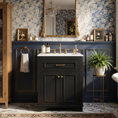 Meuble-lavabo compact 24 po avec lavabo en céramique, armoire en bois massif avec tiroir basculant et poignées dorées 24 po