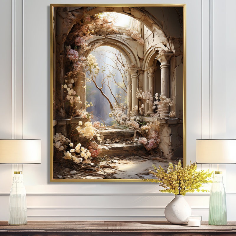Ruines anciennes Blooms II - Art mural fantastique, Cadre flottant doré, H 32 po x l 24 po x P 1 po