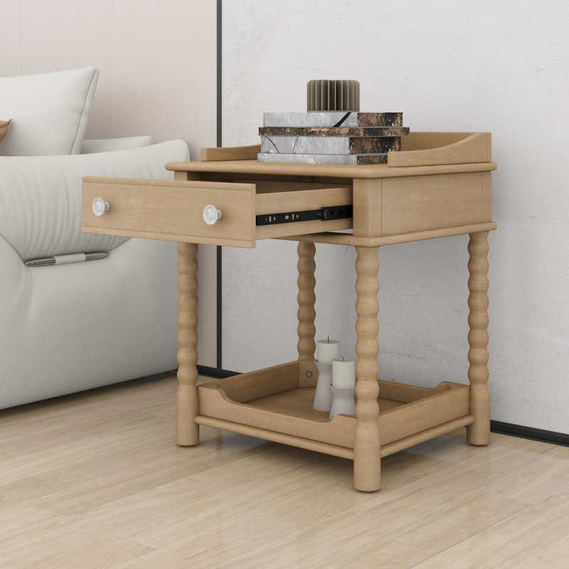 Table de chevet rétro avec tiroir, tablette ouverte et pieds tournés pour la chambre à coucher