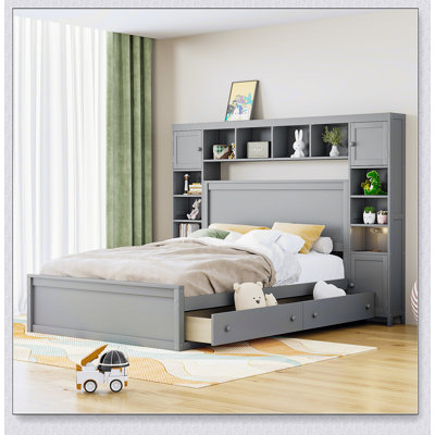 Storage Bed with All-in-One Cabinet, Shelf & Outlets – 4 Under-Bed Drawers – Solid Wood Frame