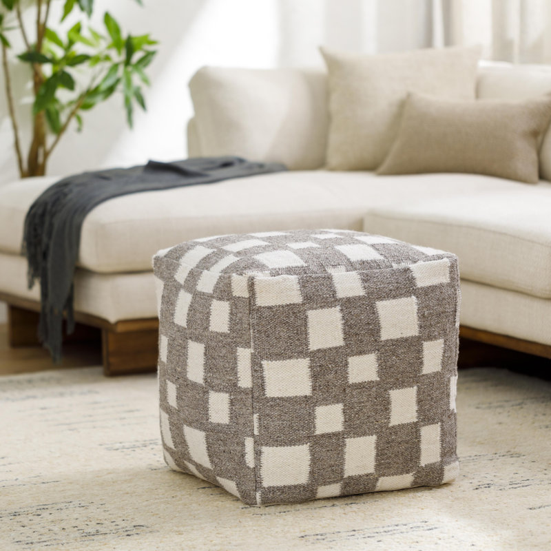Gwennie Upholstered Pouf, Tan/Off White Wool/Cotton Blend