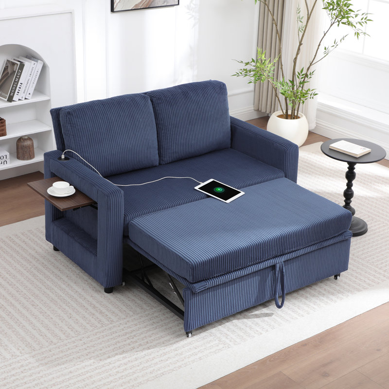Canapé-lit rembourré convertible avec ports USB et poche latérale, Velours côtelé bleu