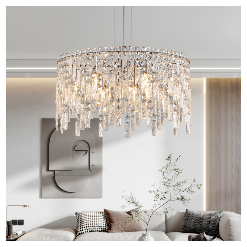 Luxueux lustre rond en cristal argenté de 24 po, luminaire suspendu contemporain en chrome pour la salle à manger et le salon