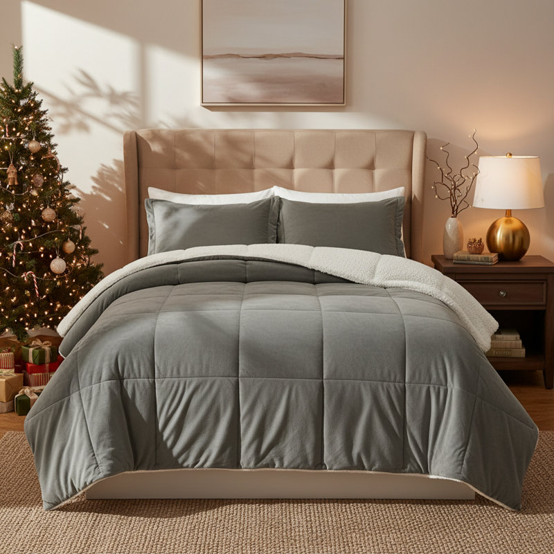 3- Piece Ultra Soft Fluffy Sherpa Down Alternative Comforter Set, King Comforter + 2 King Pillowcases, Gray