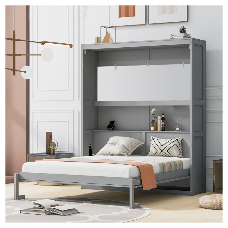 Grand lit escamotable mural avec tablettes de rangement, armoire-lit escamotable gris pour le bureau à domicile et la chambre d'amis