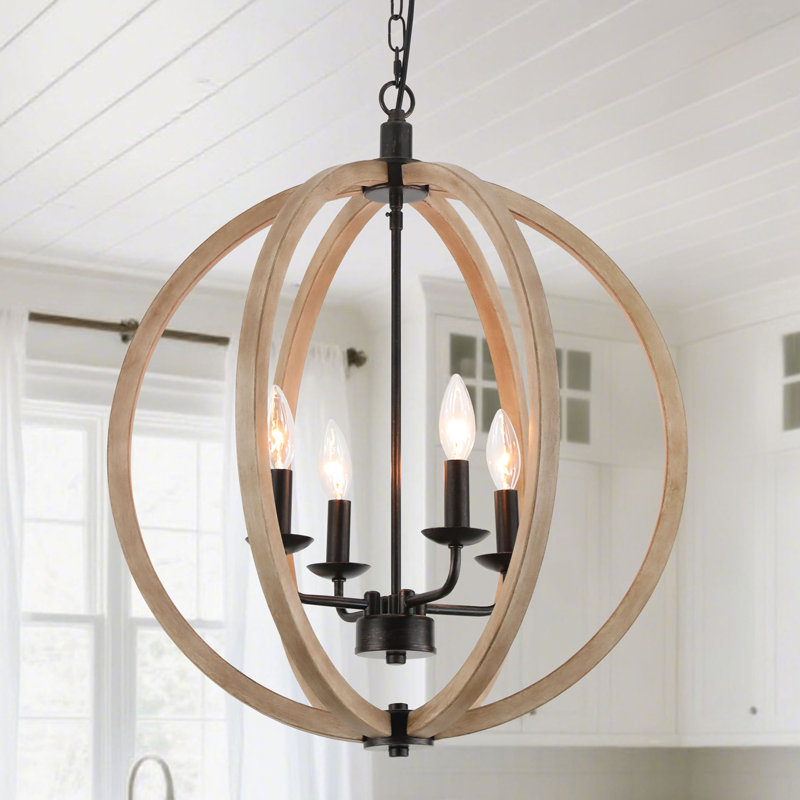 4-Light Globe Orb Wood Chandelier