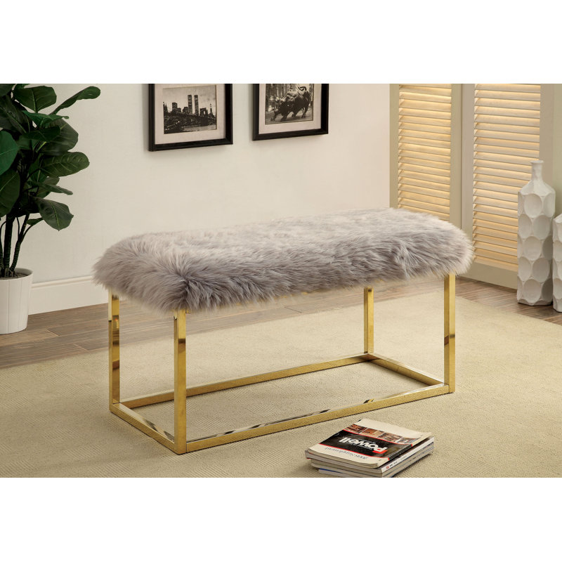 Agrippa Faux Fur Upholstered Bench, Gray/Gold